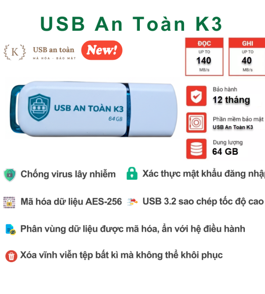 USB An Toàn K3 - Mã hóa, bảo mật dữ liệu - 32/64GB Mẫu mới