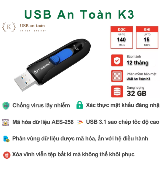 USB An Toàn K3 Pro Transcend Jet Flash 790 32GB - Chống virus - Mã hóa bảo mật dữ liệu (Sản phẩm mới)